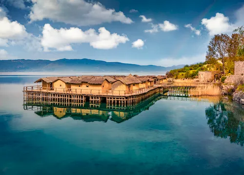 North Macedonia, Ohrid - Impressive morning scene of the Bay of Bones on Lake Ohrid. Amazing landscape