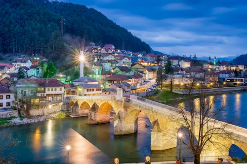 Bosnia and Herzegovina, Konjic - Stara Cuprija Bridge over the Neretva River at twilight