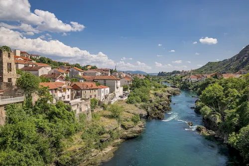 Bosnia and Herzegovina, Mostar - The Neretva River flowing through Mostar