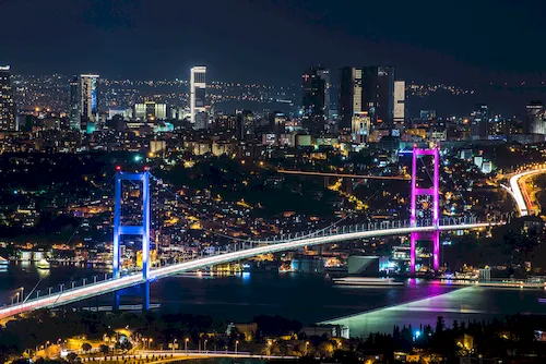 Turkey, Istanbul - Martyrs Bridge (15 Temmuz Sehitler Koprusu) Bosphorus Bridge at night