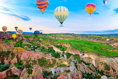 Turkey, Cappadocia - Air balloons in the unique natural landscape of Love Valley