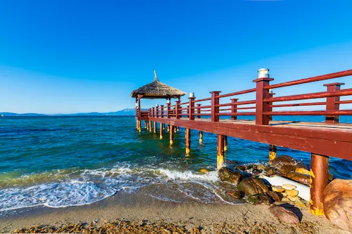 Turkey, Cesme - Beautiful beach with a swimming platform