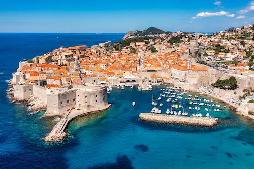 Croatia, Dubrovnik - Old city center on the Adriatic Sea. Picturesque view of Dubrovnik Old Town (medieval Ragusa) and the Dalmatian Coast