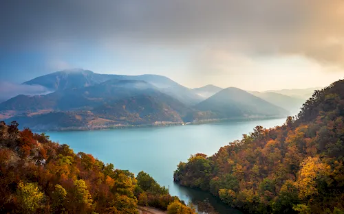 Serbia - Autumn morning on the Danube River in Djerdap National Park, on the Romanian border, surrounded by mountains