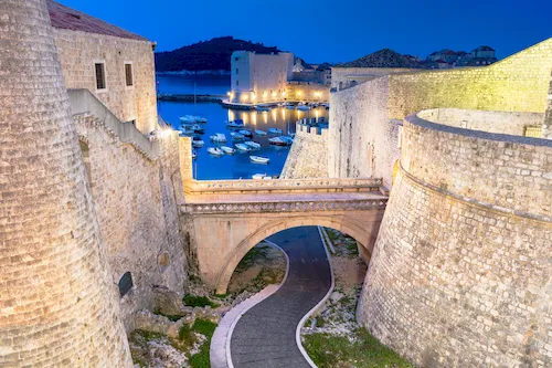 Montenegro, Kotor - evening view of the church, old town and the Bay of Kotor