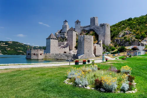Serbia - Scenic view of Golubac Fortress rising above the Danube River in Djerdap National Park, a popular tourist attraction