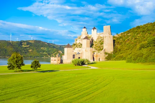 Serbia - Medieval Golubac Fortress and its stone towers on the Danube River bank