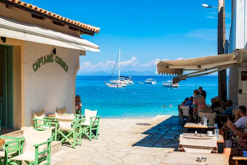 Greece, Lefkada - Seaside restaurants at Agios Nikitas Beach
