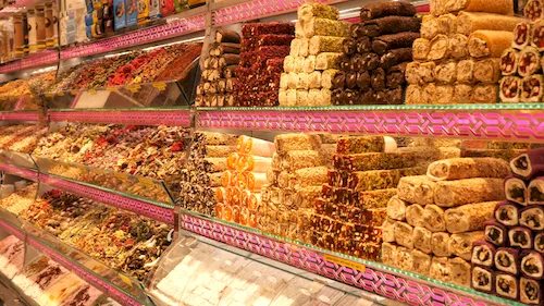 Turkey, Istanbul - Traditional shop with dried fruits, Turkish delights and local delicacies in the Grand Bazaar