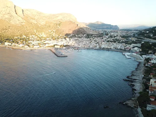Italy, Palermo metropolitan area with coastal bay and marina