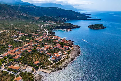 Greece, Kardamyli - View of the village of Kardamyli, Messenia, on the Mani Peninsula