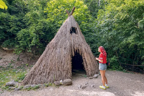 Serbia, Boljetin - Ancient huts and structures at the Lepenski Vir archaeological site, showcasing historic Mesolithic dwellings