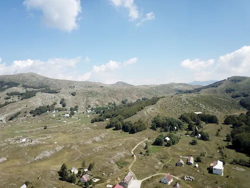 Rural landscape with traditional houses in Durmitor National Park, Montenegro