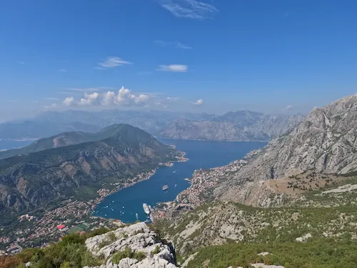 Montenegro, Bay of Kotor with calm waters and mountain scenery