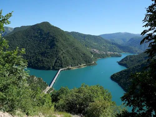 Montenegro, Lake Piva surrounded by forested mountains