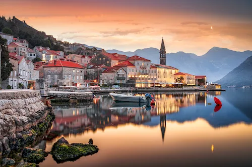 Montenegro, Perast - Historic townscape in the Bay of Kotor at dawn