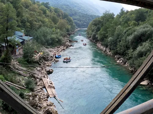 Rafting expedition on the Piva River surrounded by dense woodland in Montenegro