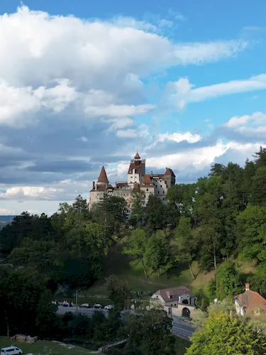 Romania, Bran Castle (Dracula's Castle) overlooking the forests of Transylvania
