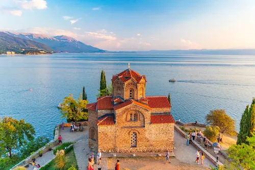 North Macedonia, Ohrid - St. John at Kaneo at sunset, an Orthodox church by Lake Ohrid