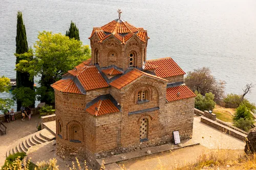 North Macedonia, Ohrid - Iconic Church of St. John at Kaneo, a Byzantine masterpiece overlooking Lake Ohrid