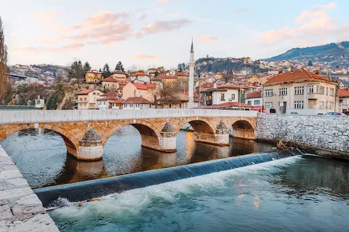 Bosnia and Herzegovina, Sarajevo - Picturesque view of Seher Cehaja (Šeher-Ćehaja) Bridge spanning the Miljacka River